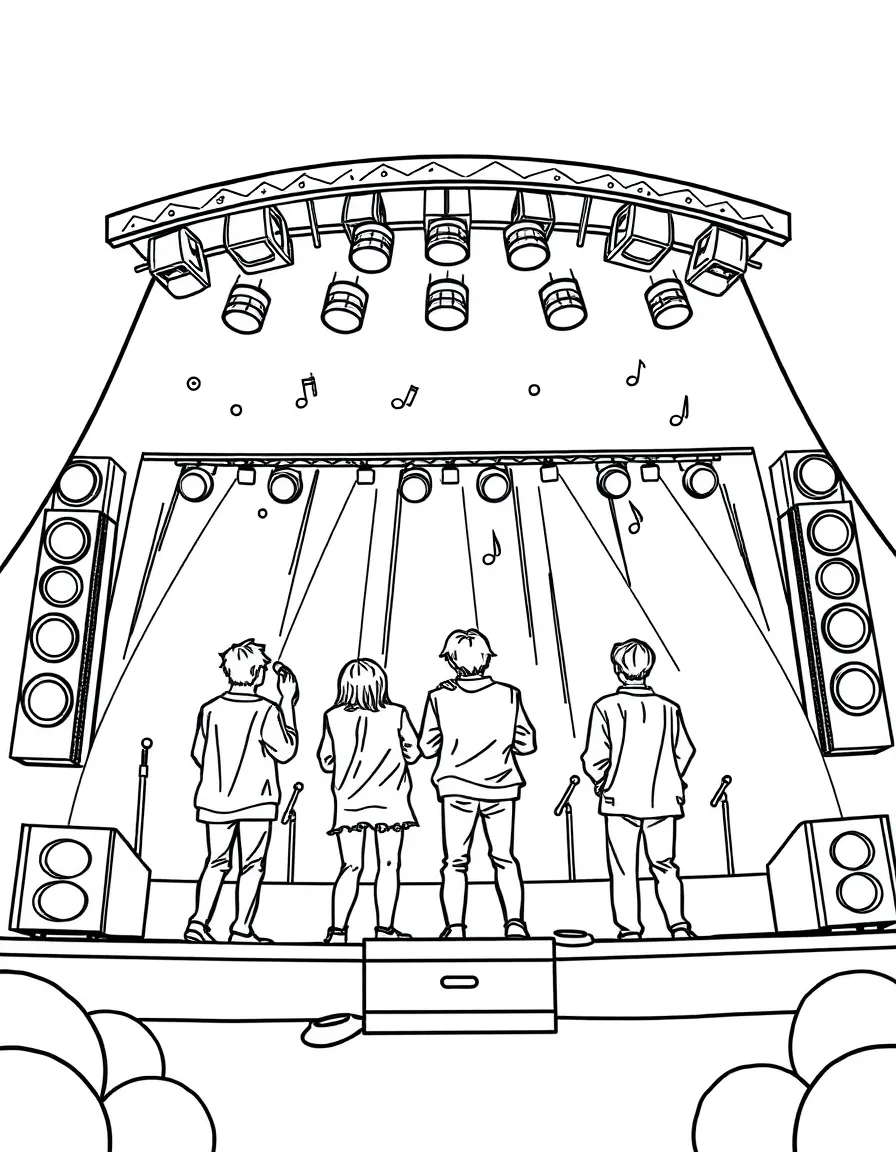 BTS Members singing on a big concert stage with musical notes and lights – a fun and kid-friendly coloring page.