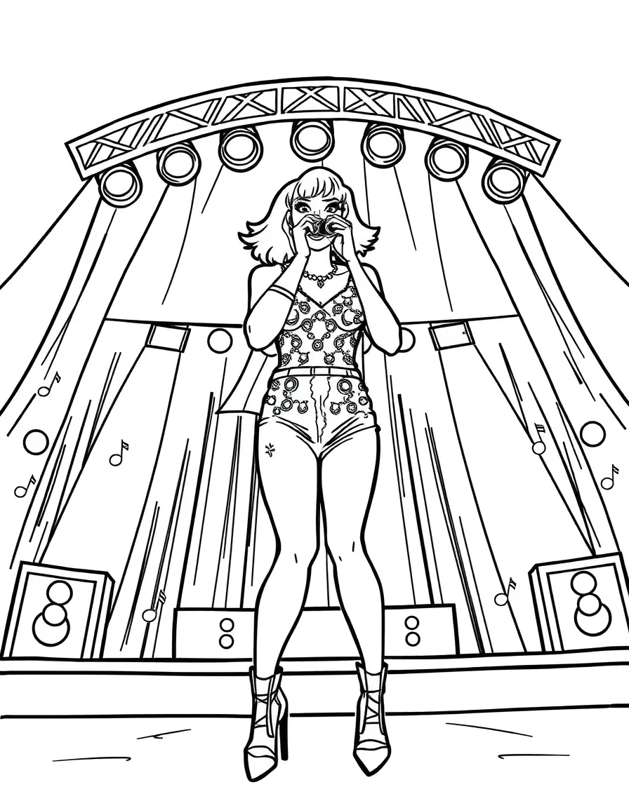 Katy Perry singing on a big concert stage with musical notes and lights – a fun and kid-friendly coloring page.