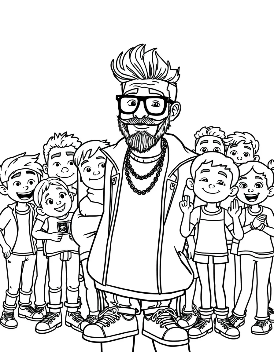 PewDiePie posing with cartoon versions of their fans – a fun and kid-friendly coloring page.