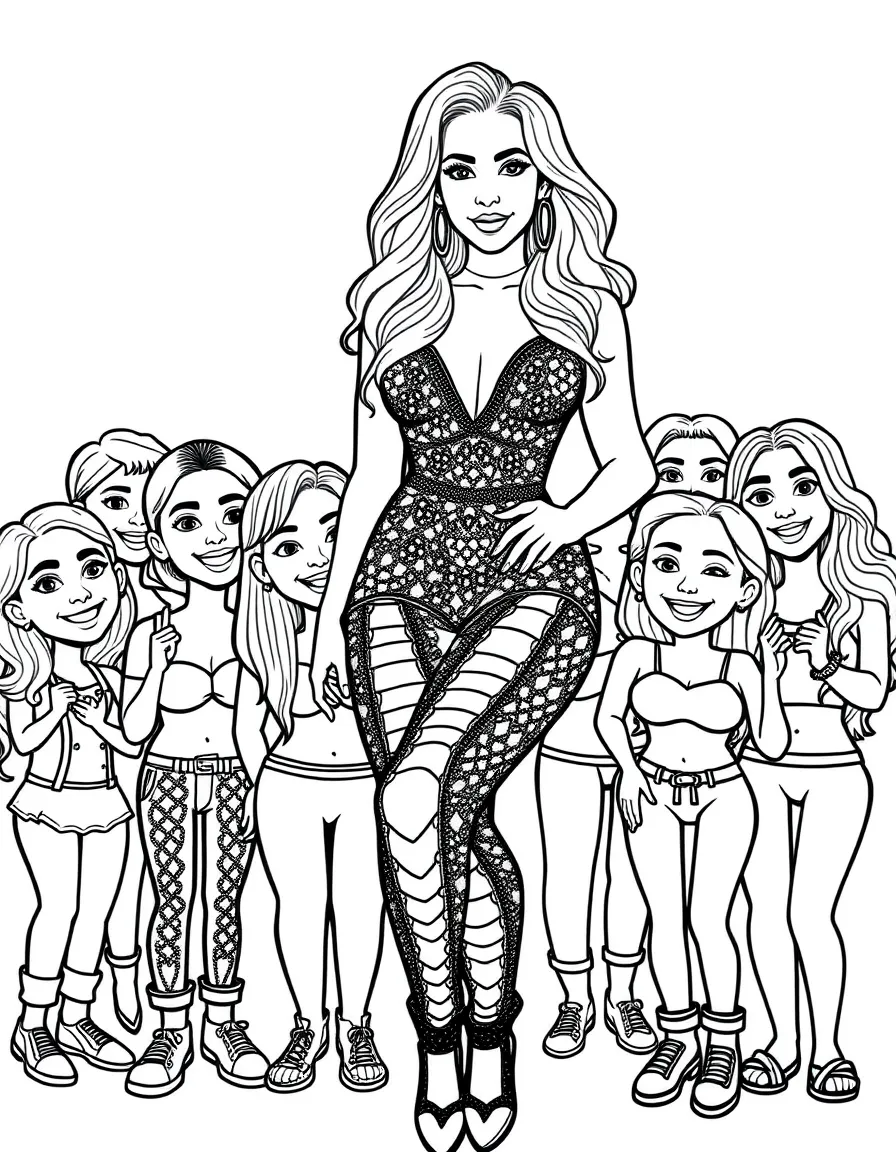 Jennifer Lopez posing with cartoon versions of their fans – a fun and kid-friendly coloring page.