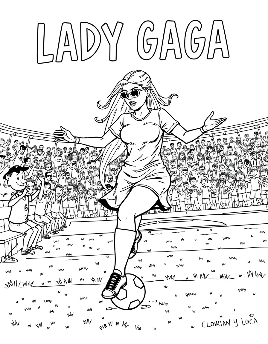 Lady Gaga playing soccer on a field with cheering fans in the stands – a fun and kid-friendly coloring page.