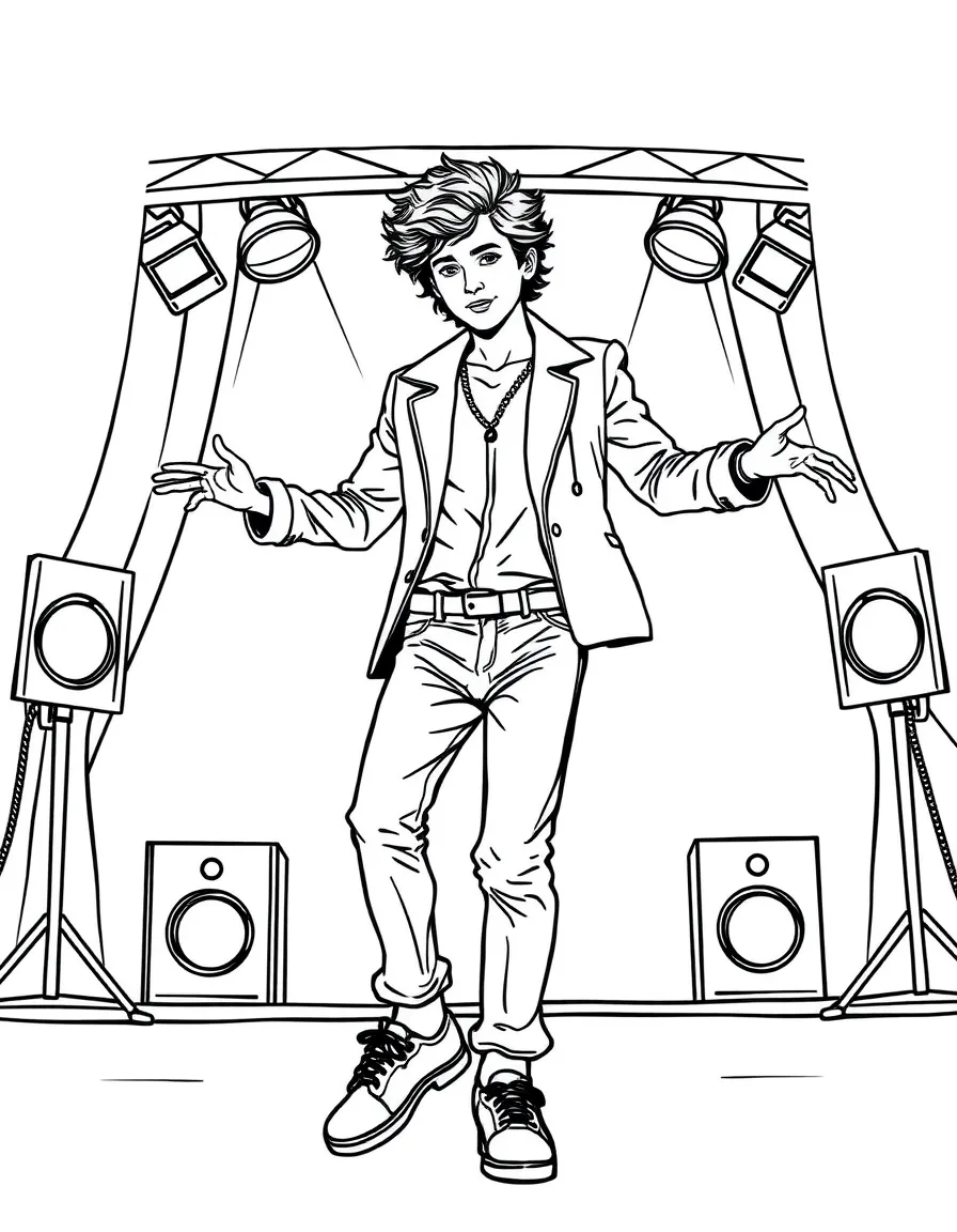 Timothée Chalamet dancing on a stage with spotlights and fun outfits – a fun and kid-friendly coloring page.