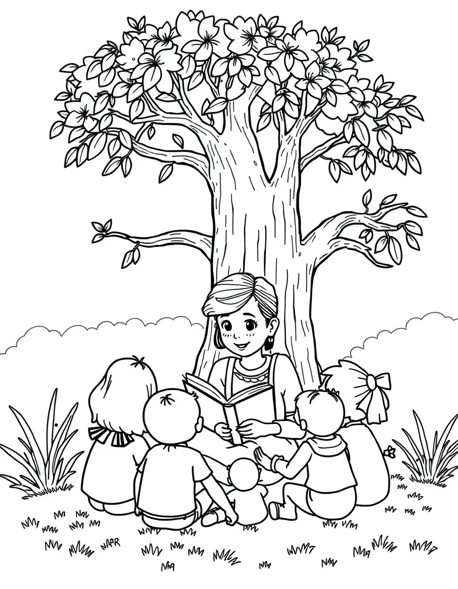 Millie Bobby Brown reading a storybook to children under a tree – a fun and kid-friendly coloring page.