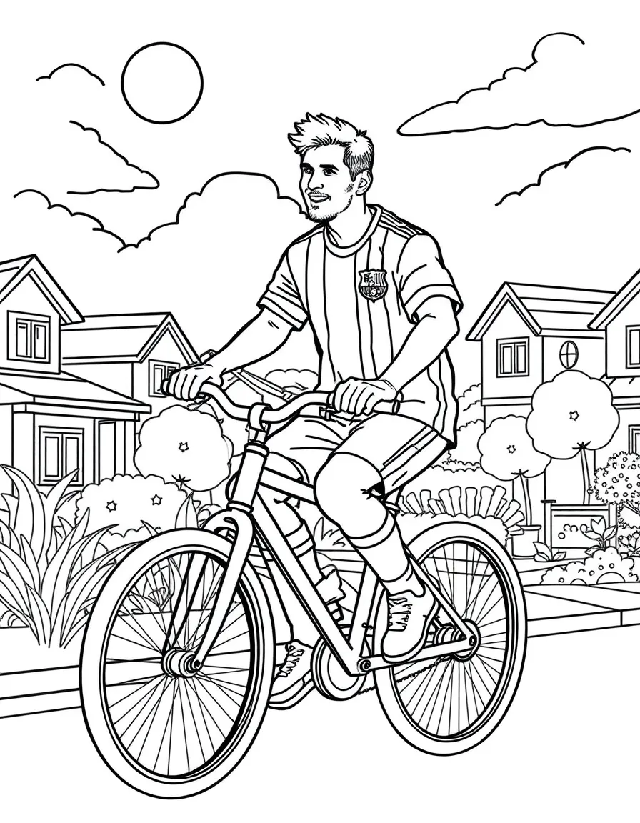 Lionel Messi riding a bicycle through a sunny neighborhood – a fun and kid-friendly coloring page.