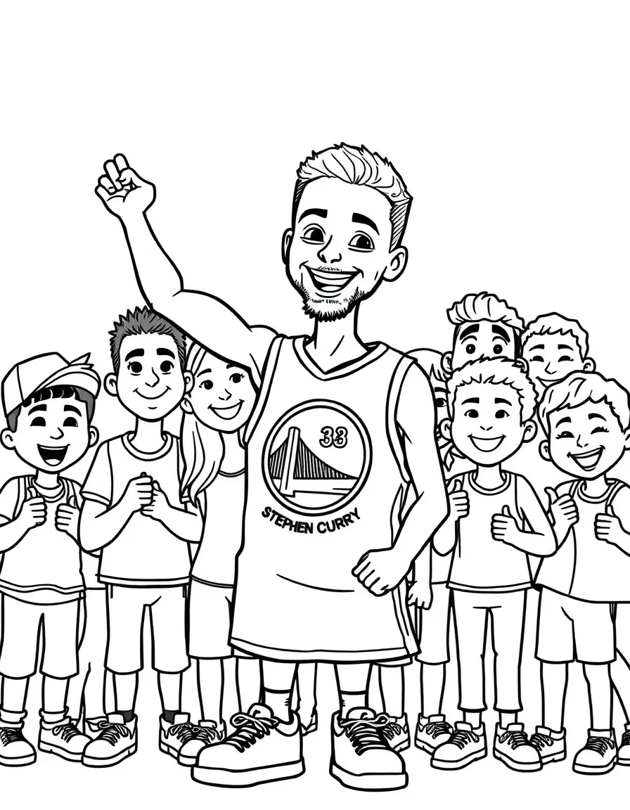 Stephen Curry posing with cartoon versions of their fans – a fun and kid-friendly coloring page.