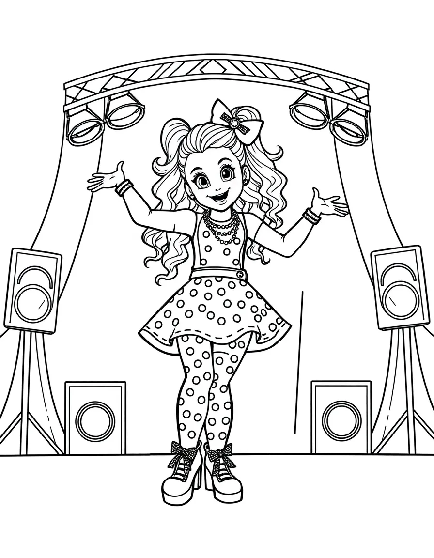 JoJo Siwa dancing on a stage with spotlights and fun outfits – a fun and kid-friendly coloring page.