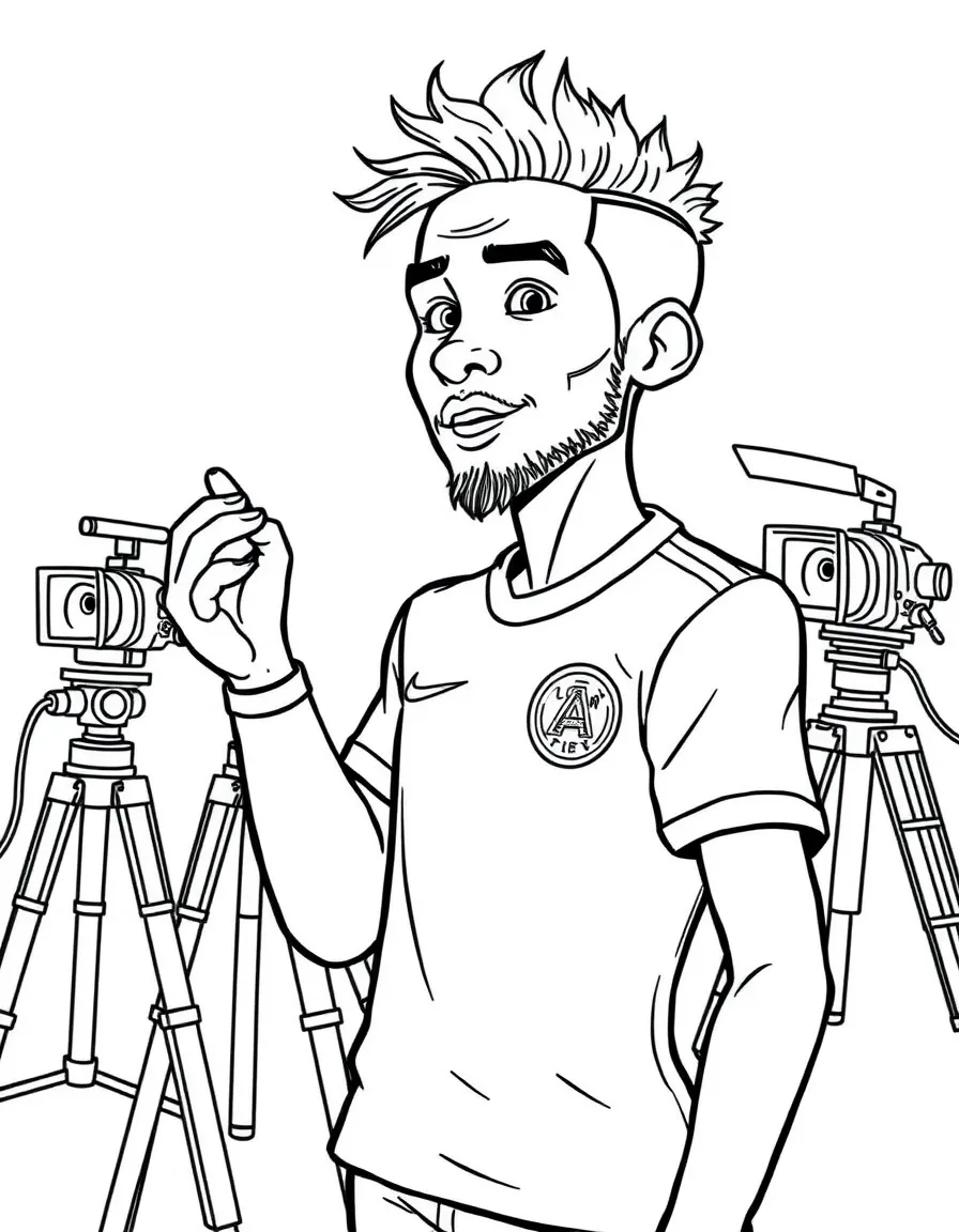 Neymar Jr. acting in a scene on a movie set with cameras – a fun and kid-friendly coloring page.