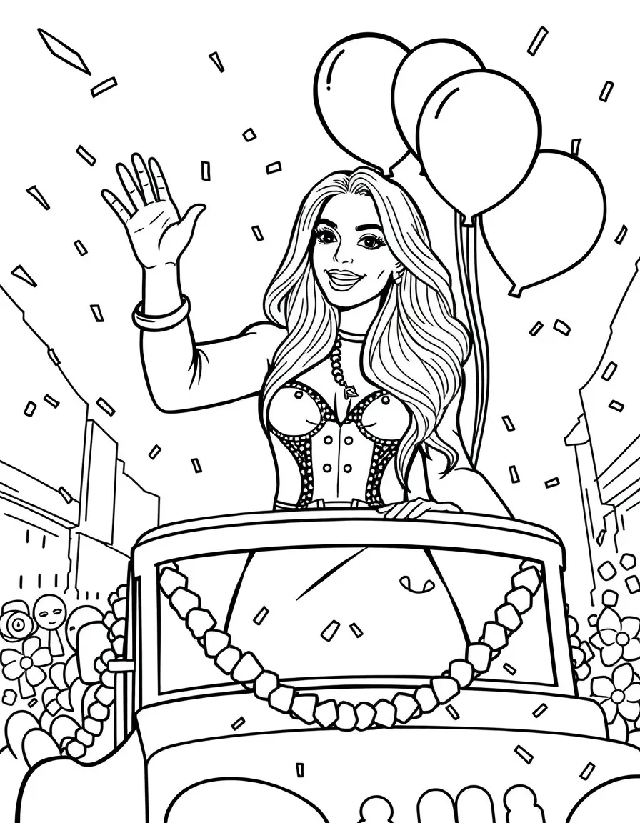 Jennifer Lopez waving from a parade float with balloons and confetti – a fun and kid-friendly coloring page.