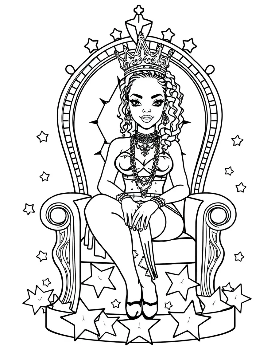 Rihanna sitting on a throne made of stars with a crown – a fun and kid-friendly coloring page.