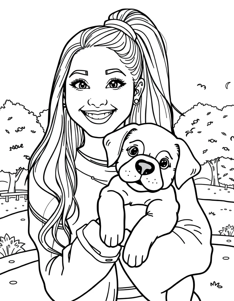 Ariana Grande smiling and holding a puppy with a park background – a fun and kid-friendly coloring page.