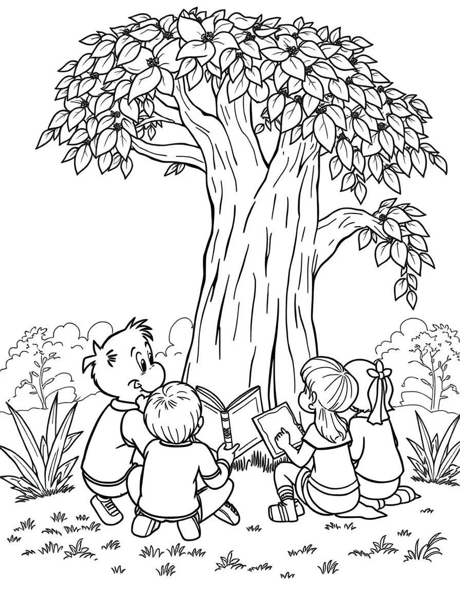 Tom Holland reading a storybook to children under a tree – a fun and kid-friendly coloring page.