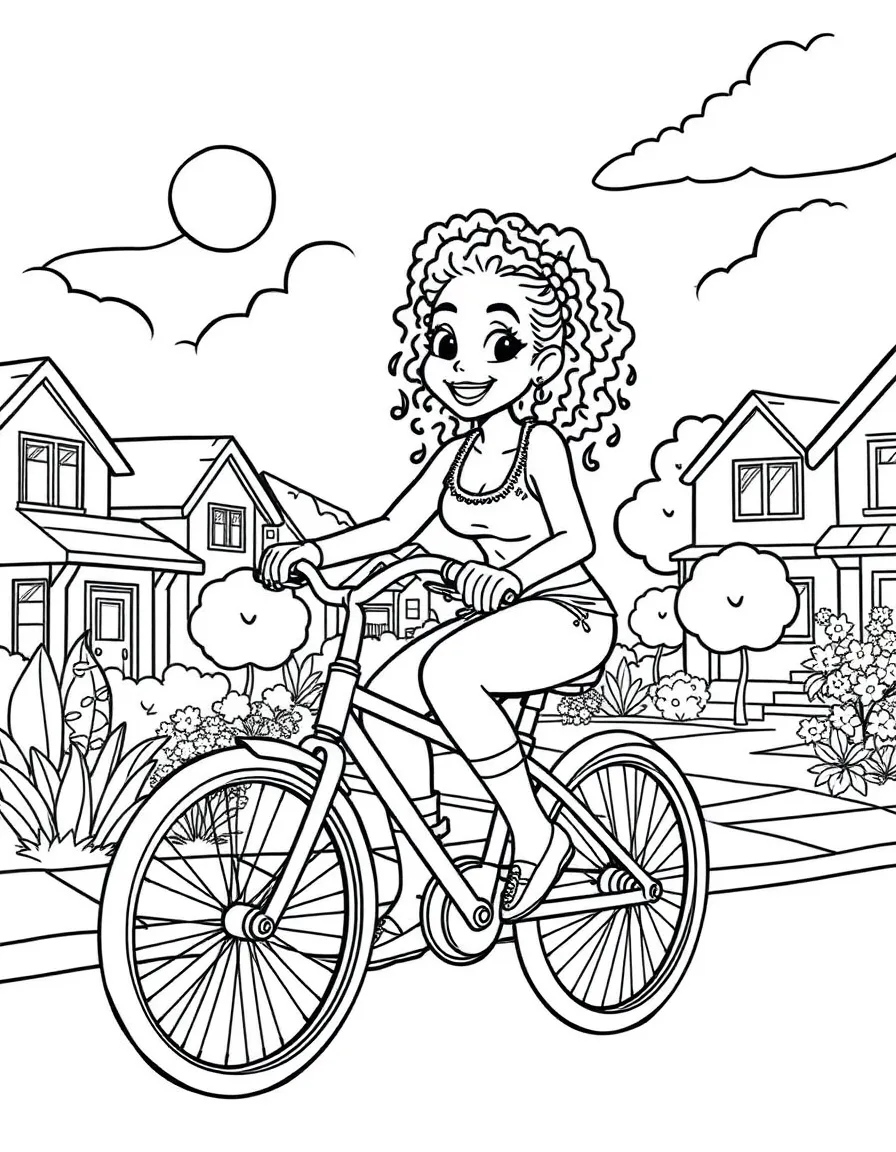 Simone Biles riding a bicycle through a sunny neighborhood – a fun and kid-friendly coloring page.