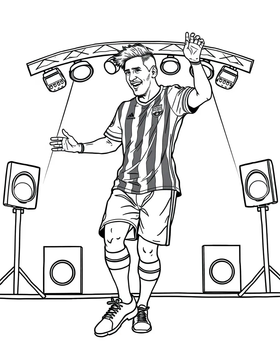 Lionel Messi dancing on a stage with spotlights and fun outfits – a fun and kid-friendly coloring page.
