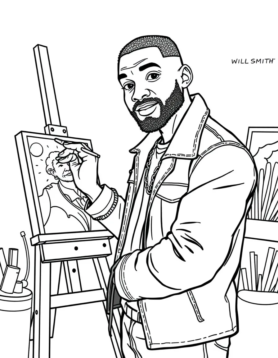 Will Smith painting a picture at an art studio – a fun and kid-friendly coloring page.