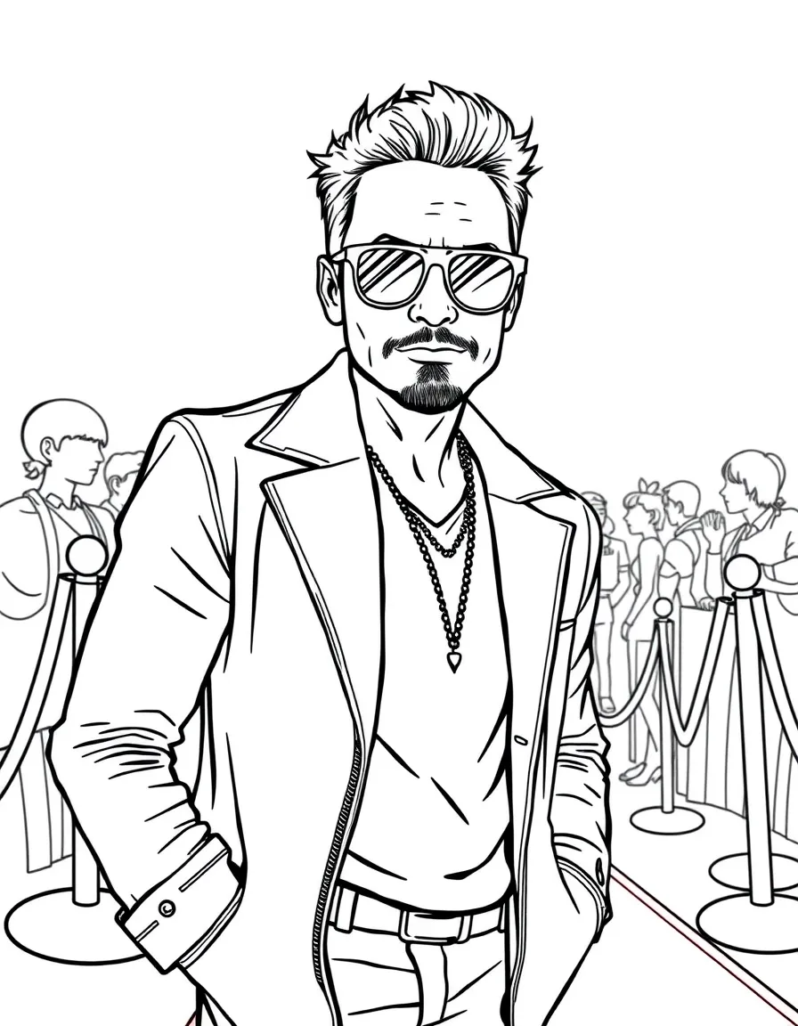 Robert Downey Jr. posing with sunglasses and a cool outfit on the red carpet – a fun and kid-friendly coloring page.