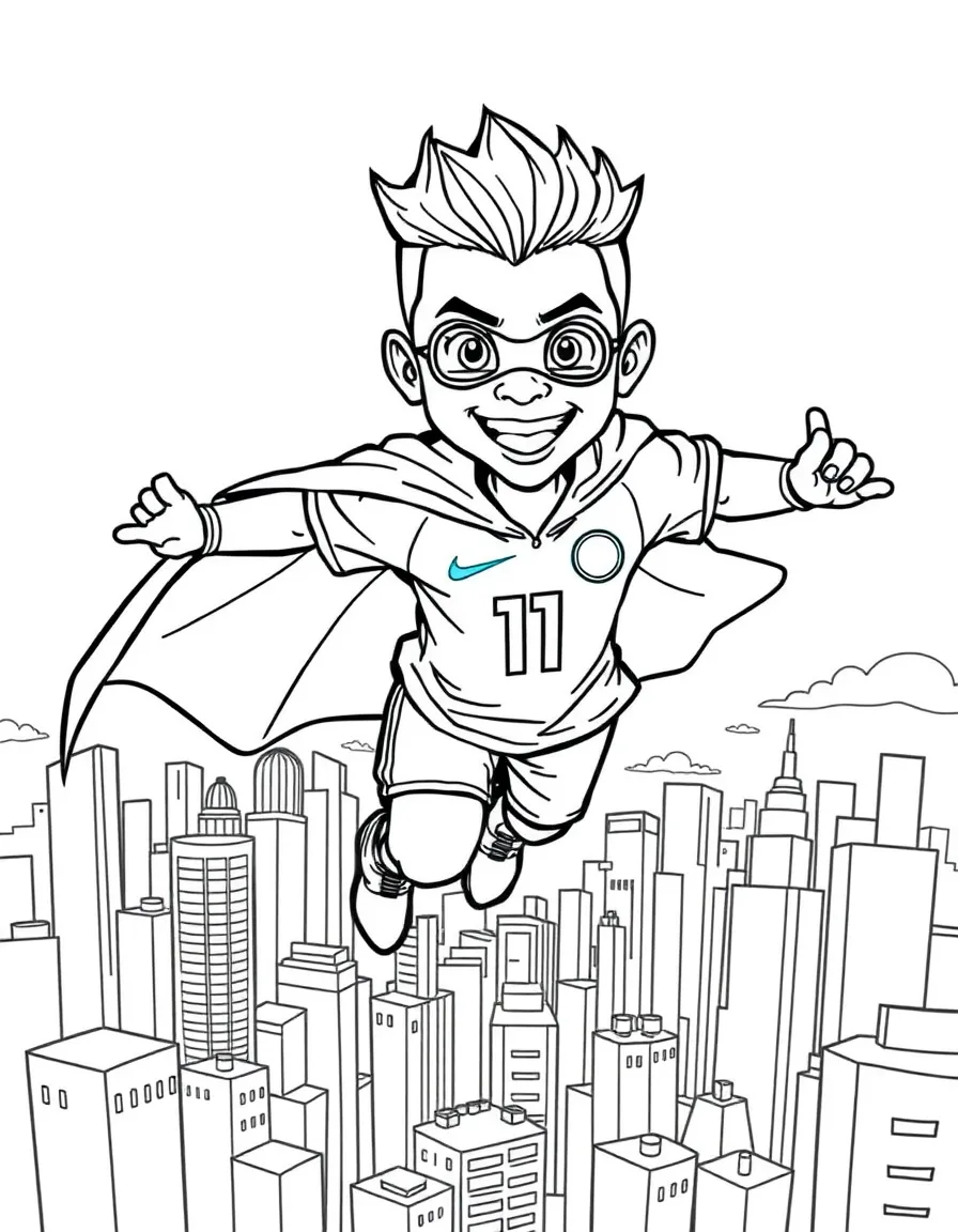 Neymar Jr. wearing a superhero cape and flying over a cityscape – a fun and kid-friendly coloring page.