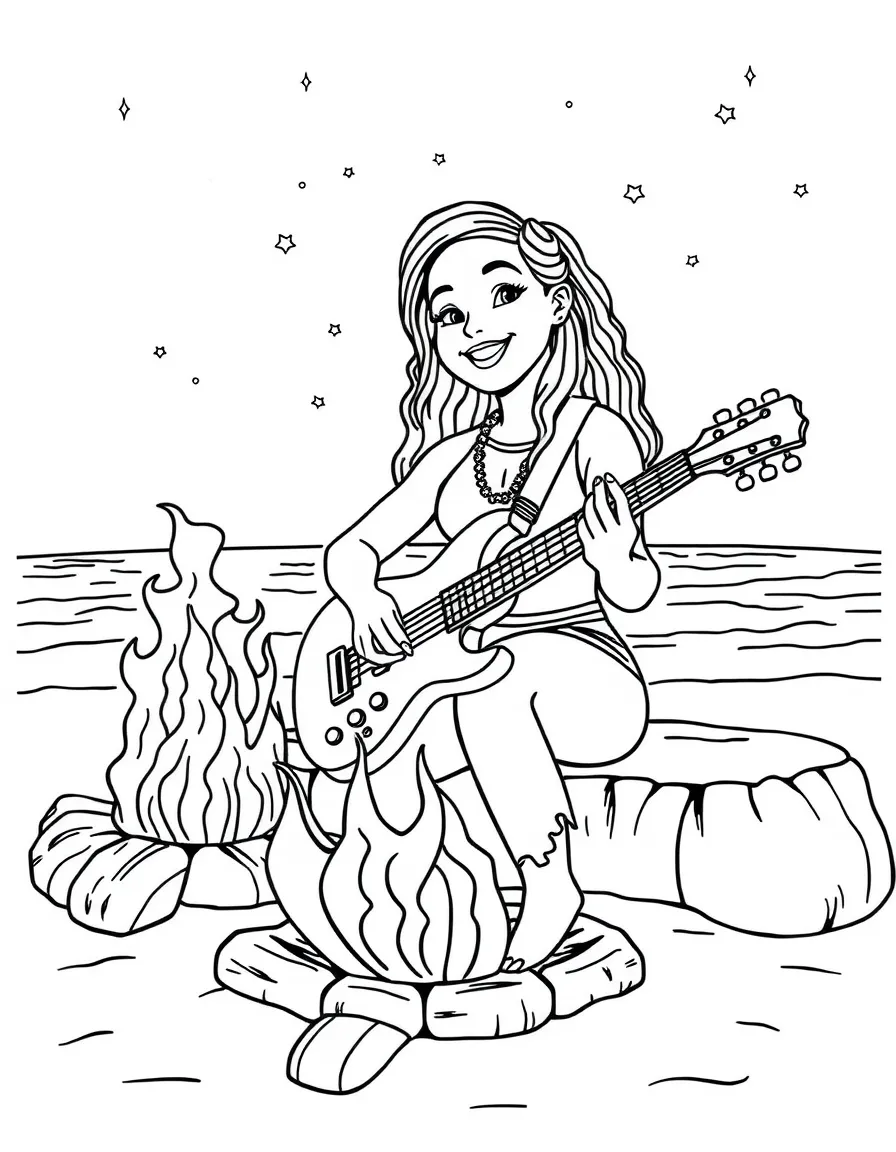 Simone Biles playing guitar at a beach bonfire – a fun and kid-friendly coloring page.
