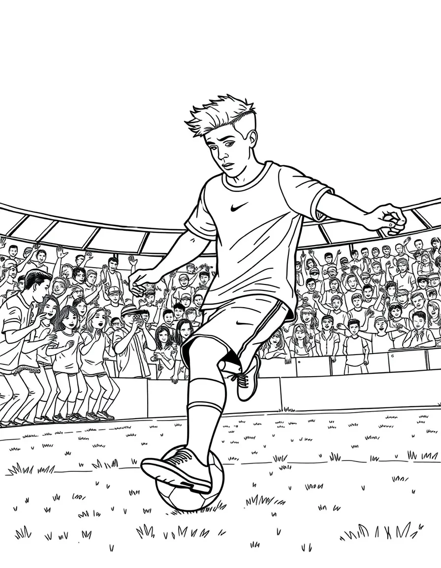 Justin Bieber playing soccer on a field with cheering fans in the stands – a fun and kid-friendly coloring page.