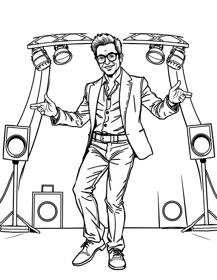 Robert Downey Jr. dancing on a stage with spotlights and fun outfits – a fun and kid-friendly coloring page.