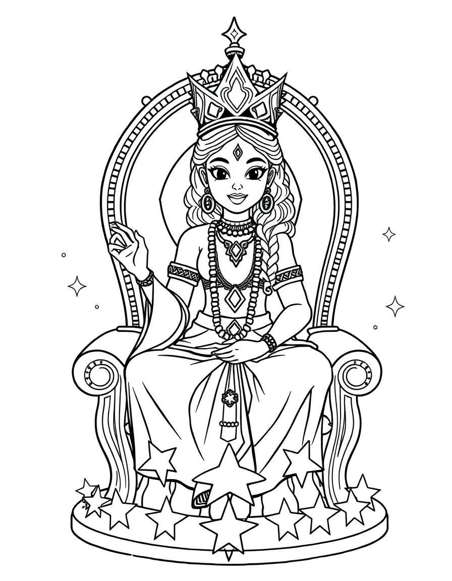 Dua Lipa sitting on a throne made of stars with a crown – a fun and kid-friendly coloring page.