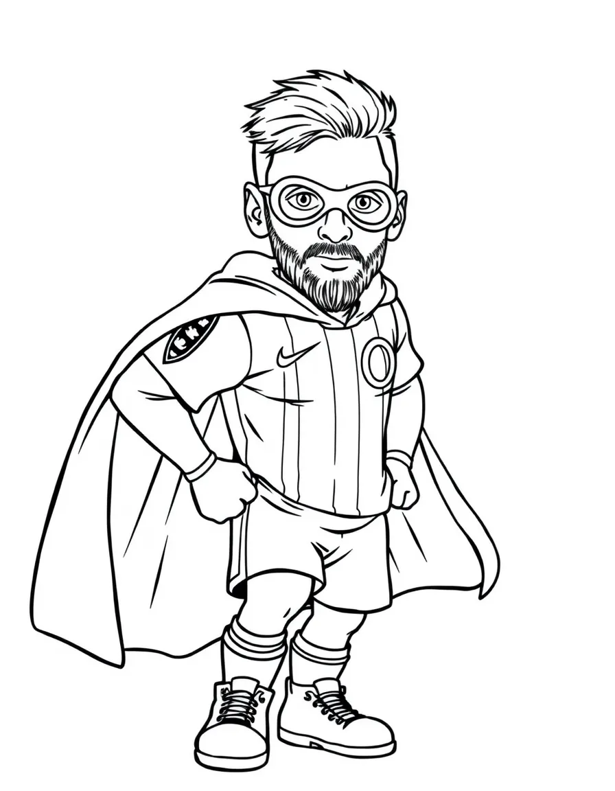 Lionel Messi dressed as a superhero, ready to save the day – a fun and kid-friendly coloring page.