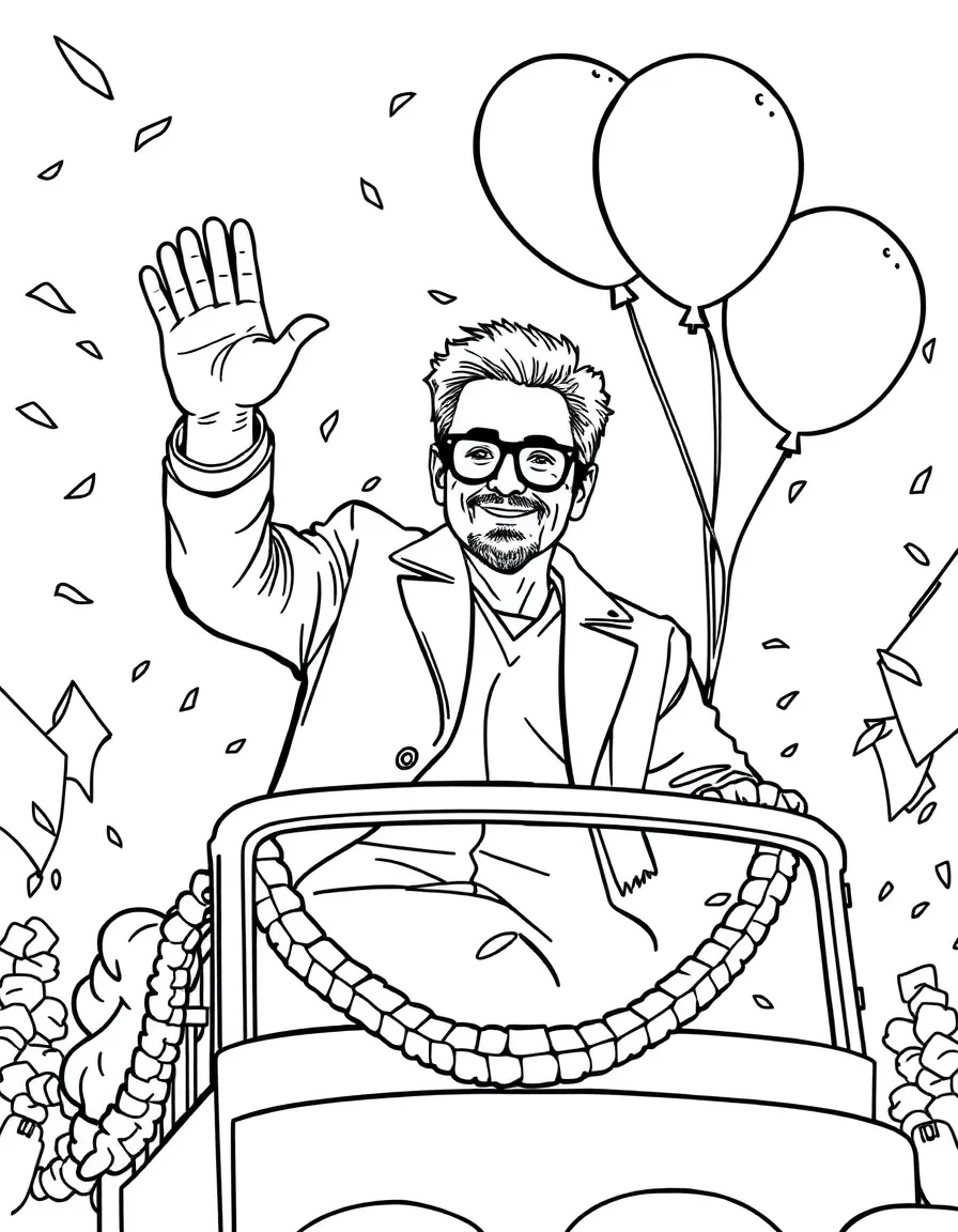 Robert Downey Jr. waving from a parade float with balloons and confetti – a fun and kid-friendly coloring page.