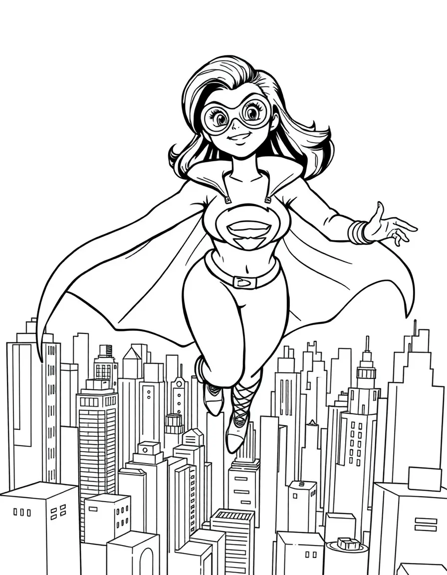 Dua Lipa wearing a superhero cape and flying over a cityscape – a fun and kid-friendly coloring page.