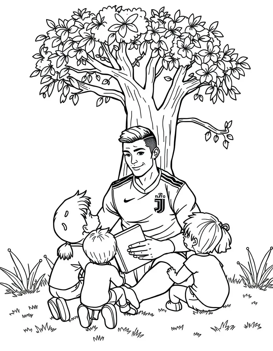Cristiano Ronaldo reading a storybook to children under a tree – a fun and kid-friendly coloring page.