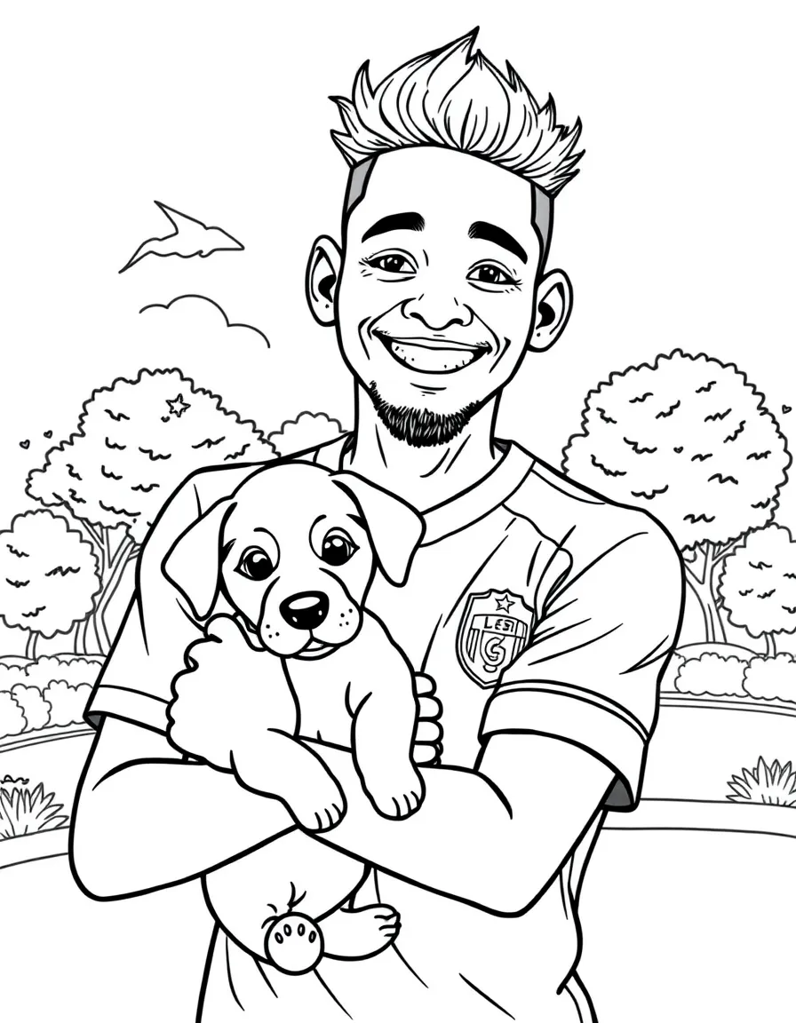 Neymar Jr. smiling and holding a puppy with a park background – a fun and kid-friendly coloring page.