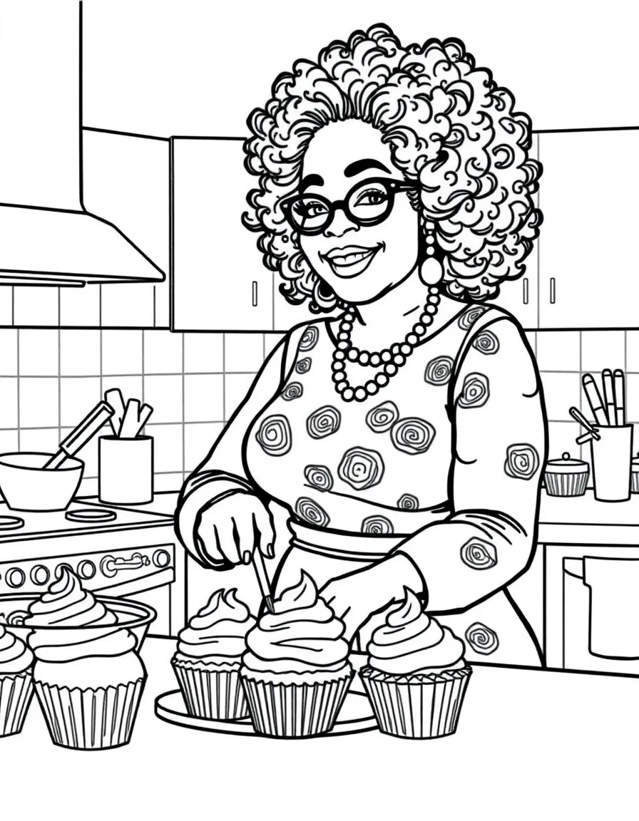 Oprah Winfrey baking cupcakes in a colorful kitchen – a fun and kid-friendly coloring page.