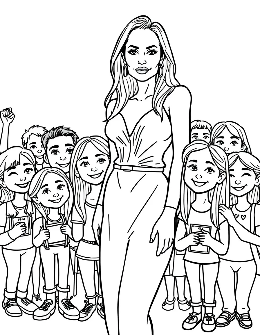 Angelina Jolie posing with cartoon versions of their fans – a fun and kid-friendly coloring page.
