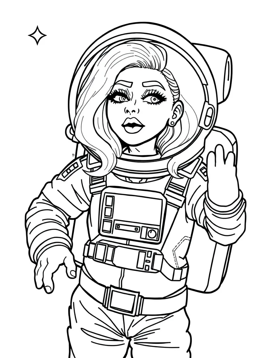 Lady Gaga exploring space in an astronaut suit – a fun and kid-friendly coloring page.