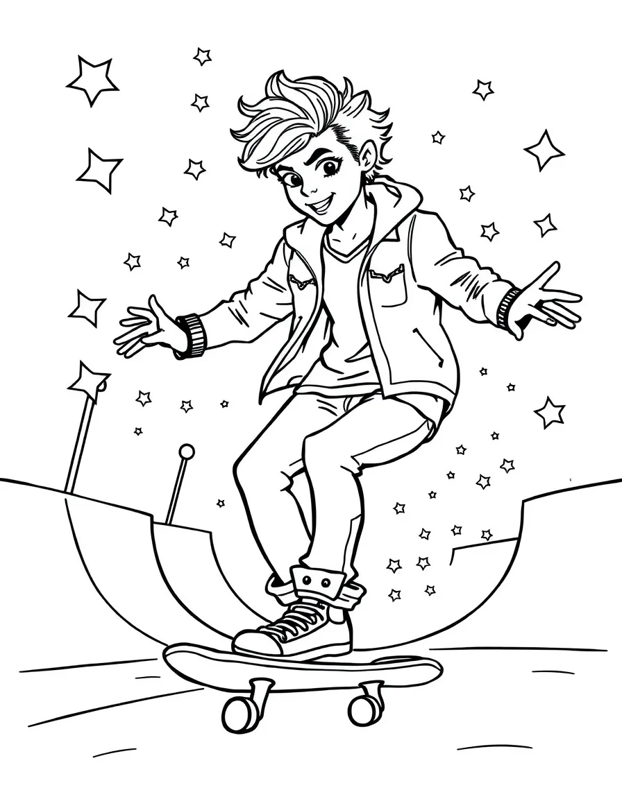 Harry Styles skateboarding at a skate park with stars and swirls around – a fun and kid-friendly coloring page.