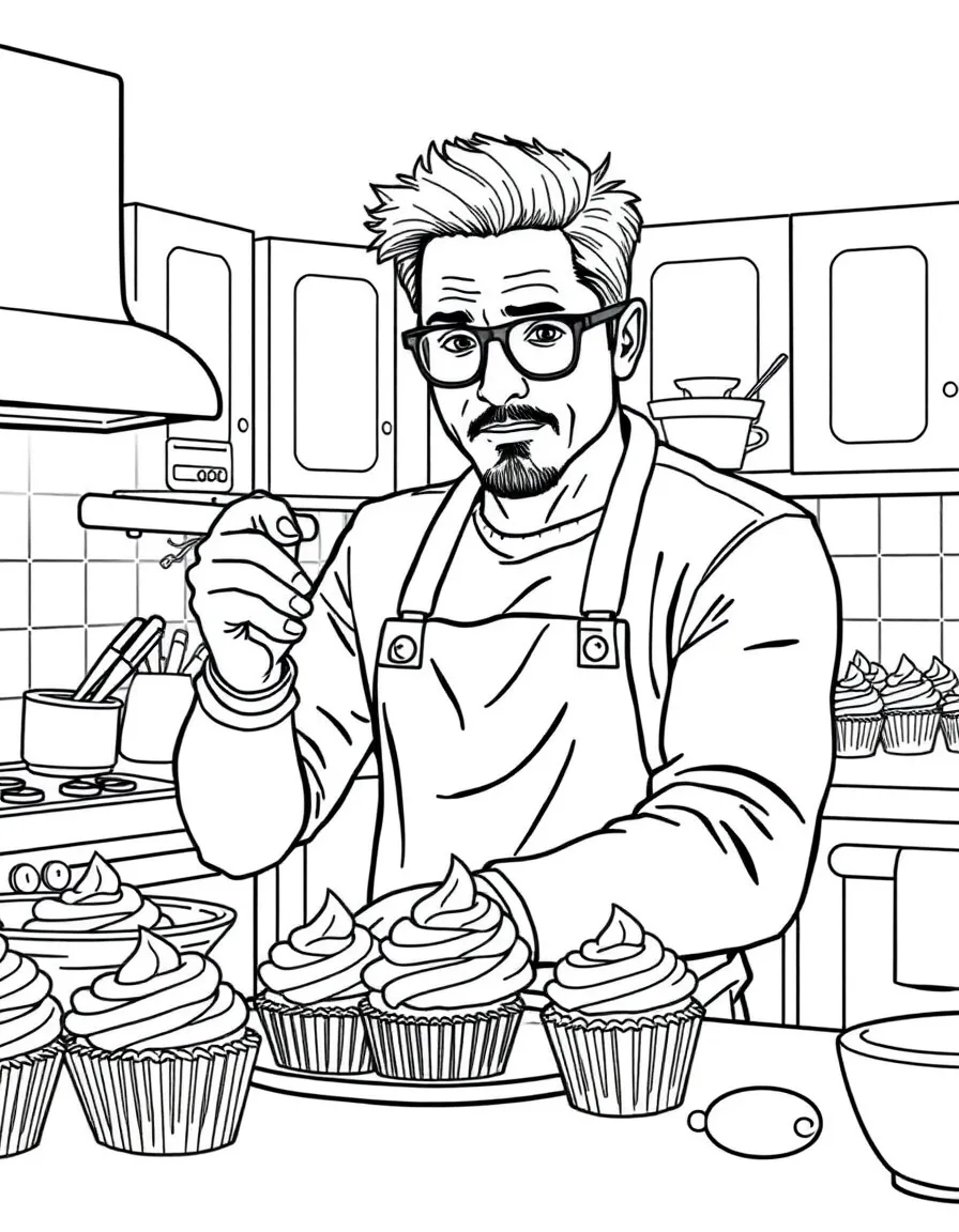 Robert Downey Jr. baking cupcakes in a colorful kitchen – a fun and kid-friendly coloring page.