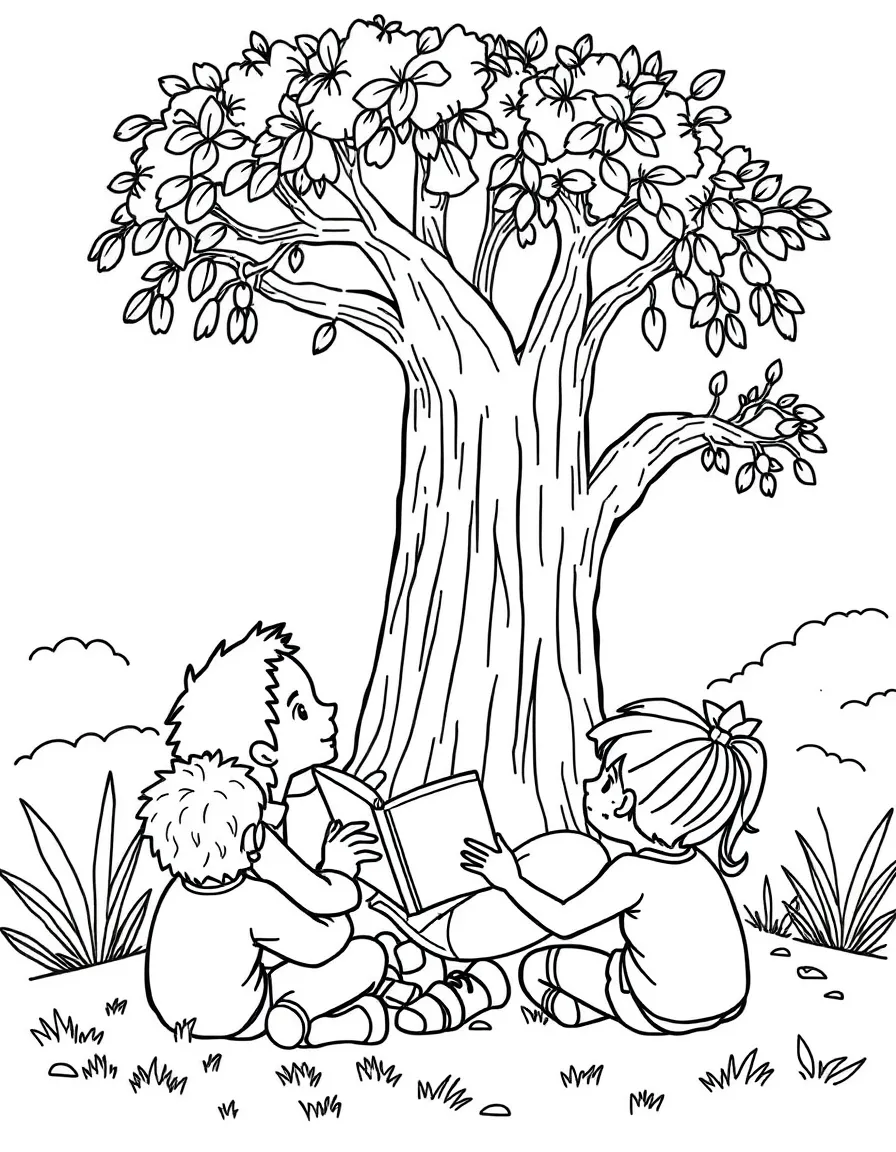 Stephen Curry reading a storybook to children under a tree – a fun and kid-friendly coloring page.