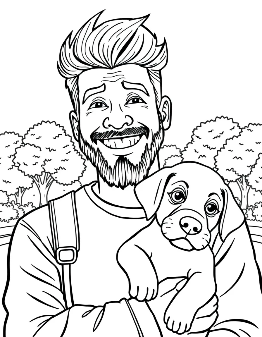 PewDiePie smiling and holding a puppy with a park background – a fun and kid-friendly coloring page.