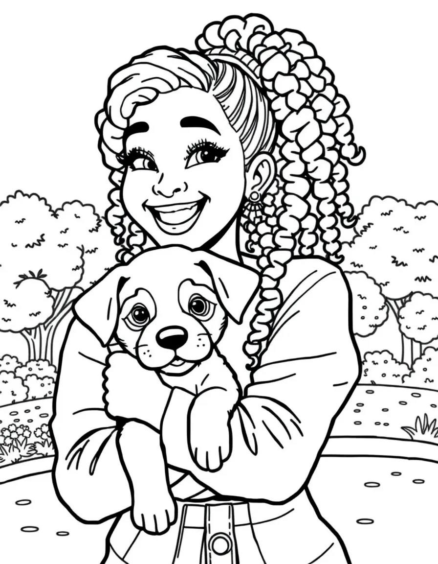 Cardi B smiling and holding a puppy with a park background – a fun and kid-friendly coloring page.