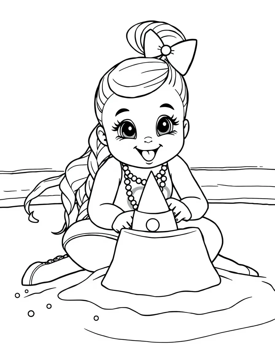 JoJo Siwa building a sandcastle at the beach – a fun and kid-friendly coloring page.