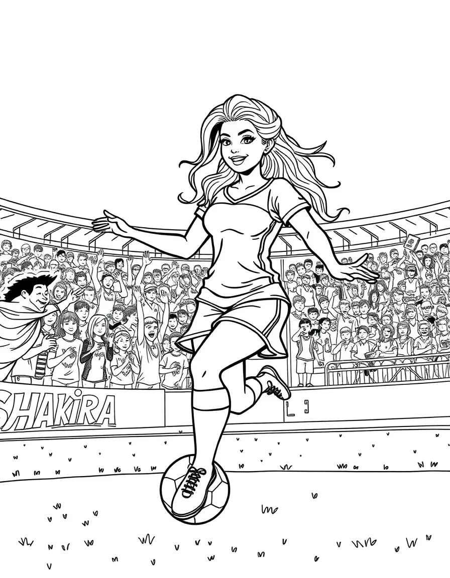 Shakira playing soccer on a field with cheering fans in the stands – a fun and kid-friendly coloring page.
