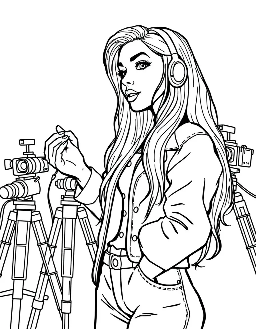 Dua Lipa acting in a scene on a movie set with cameras – a fun and kid-friendly coloring page.