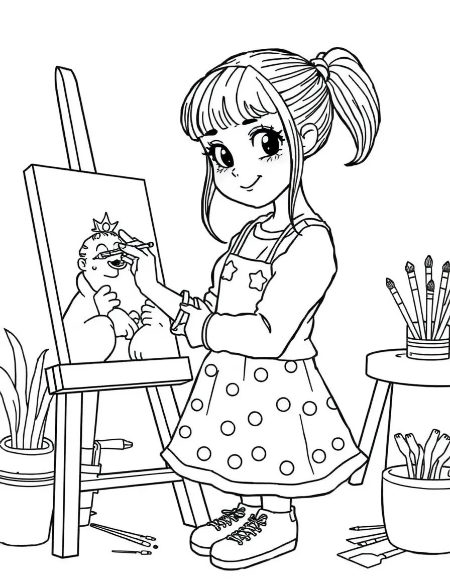 Millie Bobby Brown painting a picture at an art studio – a fun and kid-friendly coloring page.