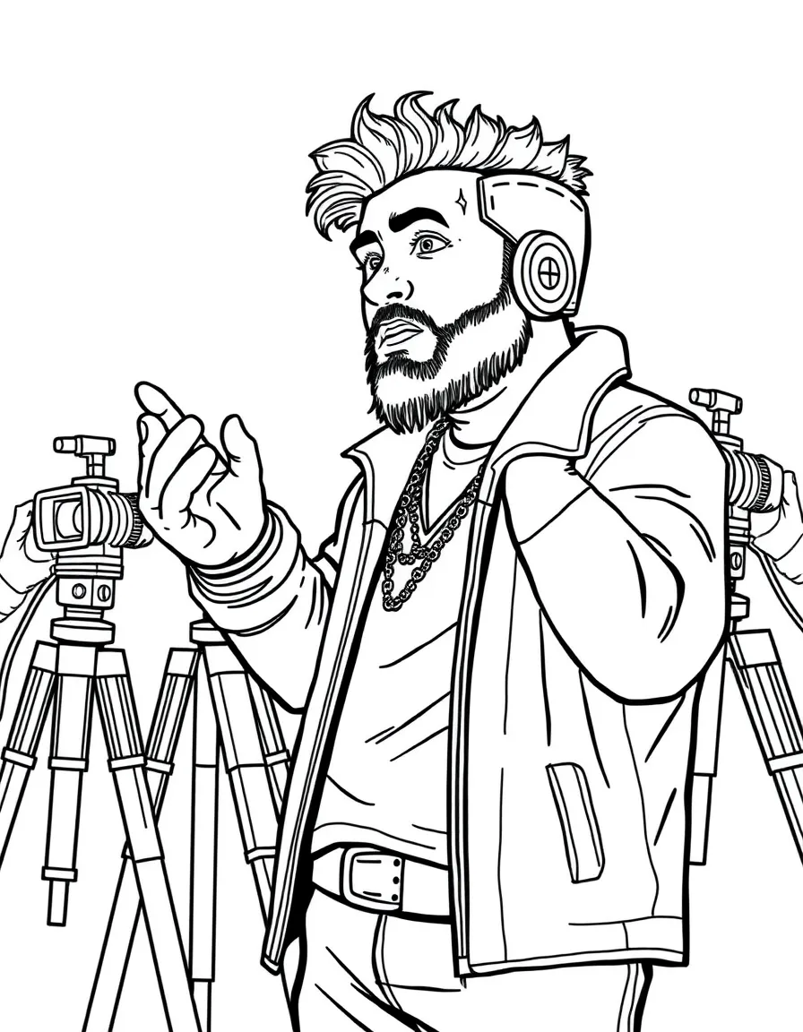 Post Malone acting in a scene on a movie set with cameras – a fun and kid-friendly coloring page.