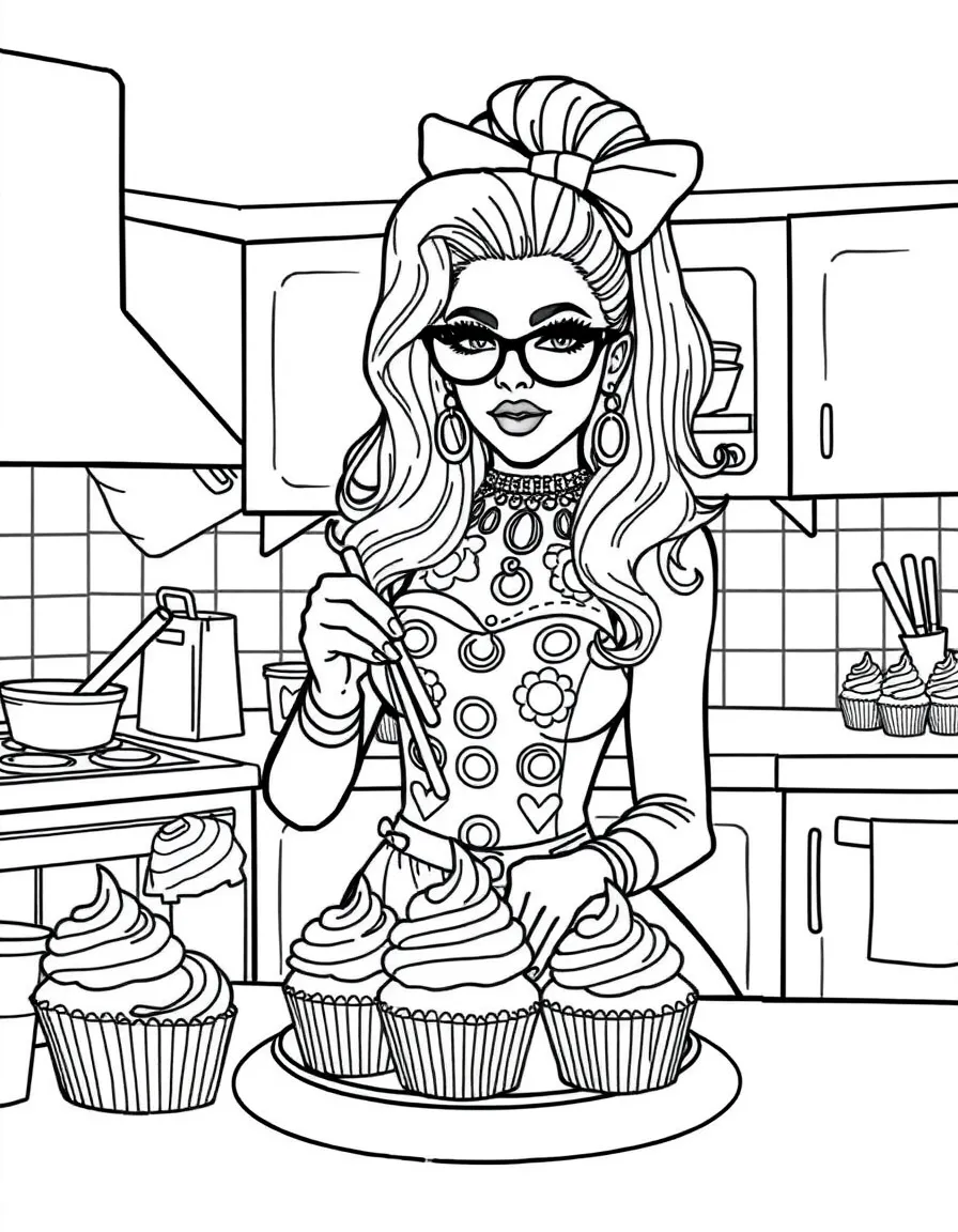 Lady Gaga baking cupcakes in a colorful kitchen – a fun and kid-friendly coloring page.