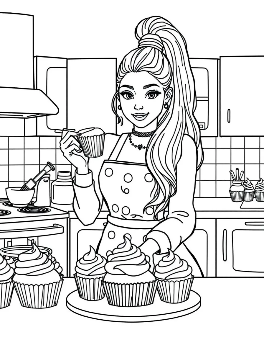Ariana Grande baking cupcakes in a colorful kitchen – a fun and kid-friendly coloring page.