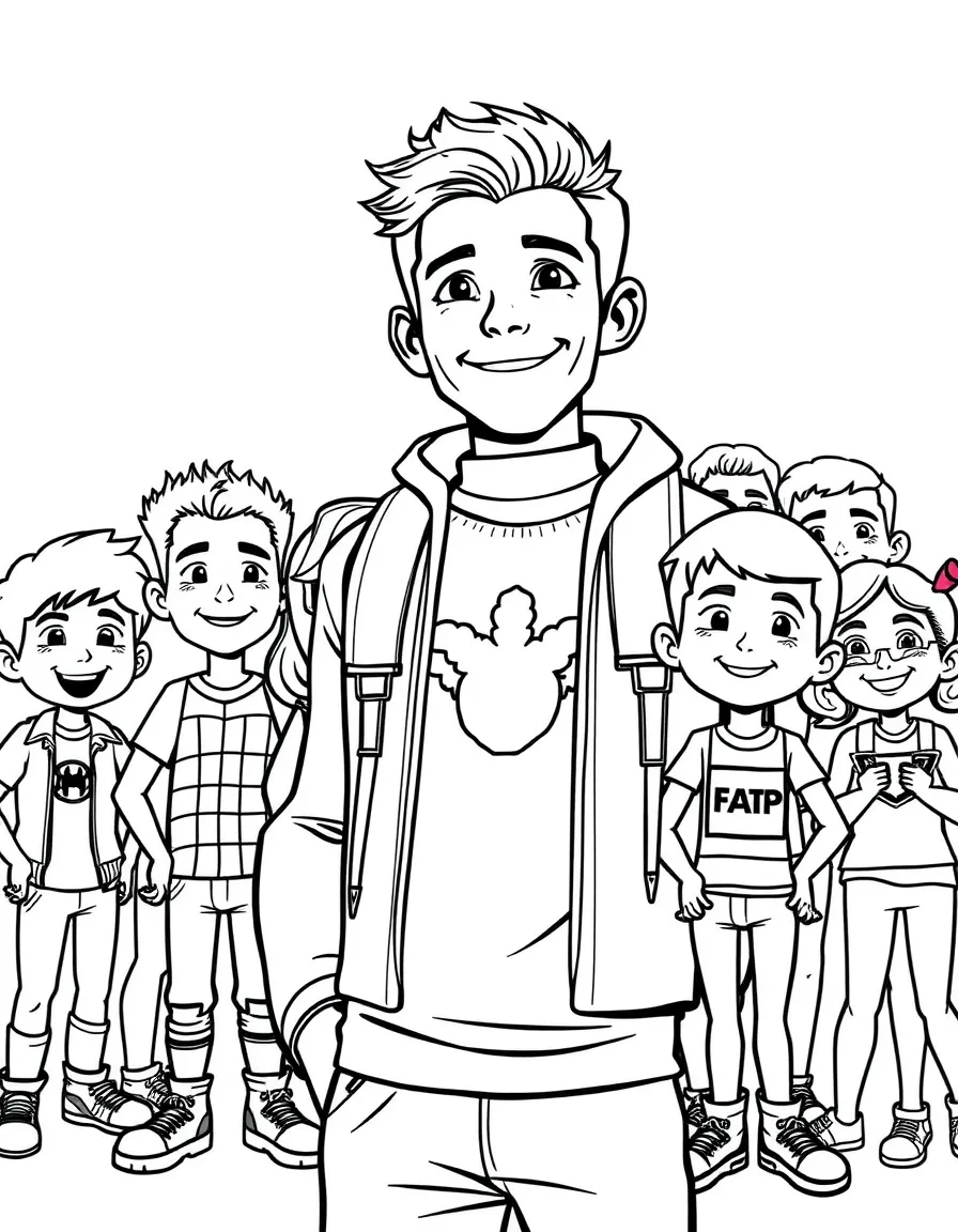 Tom Holland posing with cartoon versions of their fans – a fun and kid-friendly coloring page.