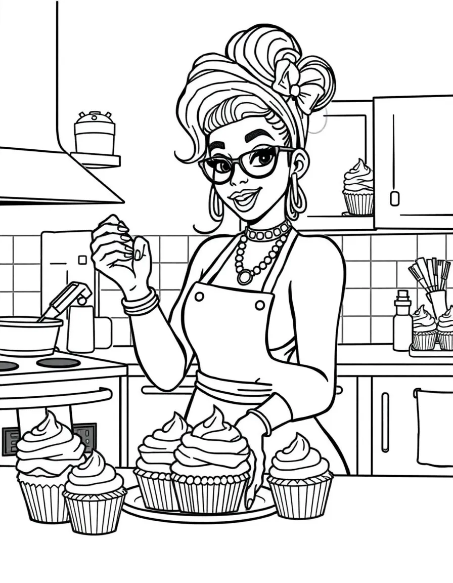 Cardi B baking cupcakes in a colorful kitchen – a fun and kid-friendly coloring page.