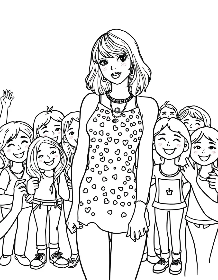 Taylor Swift posing with cartoon versions of their fans – a fun and kid-friendly coloring page.