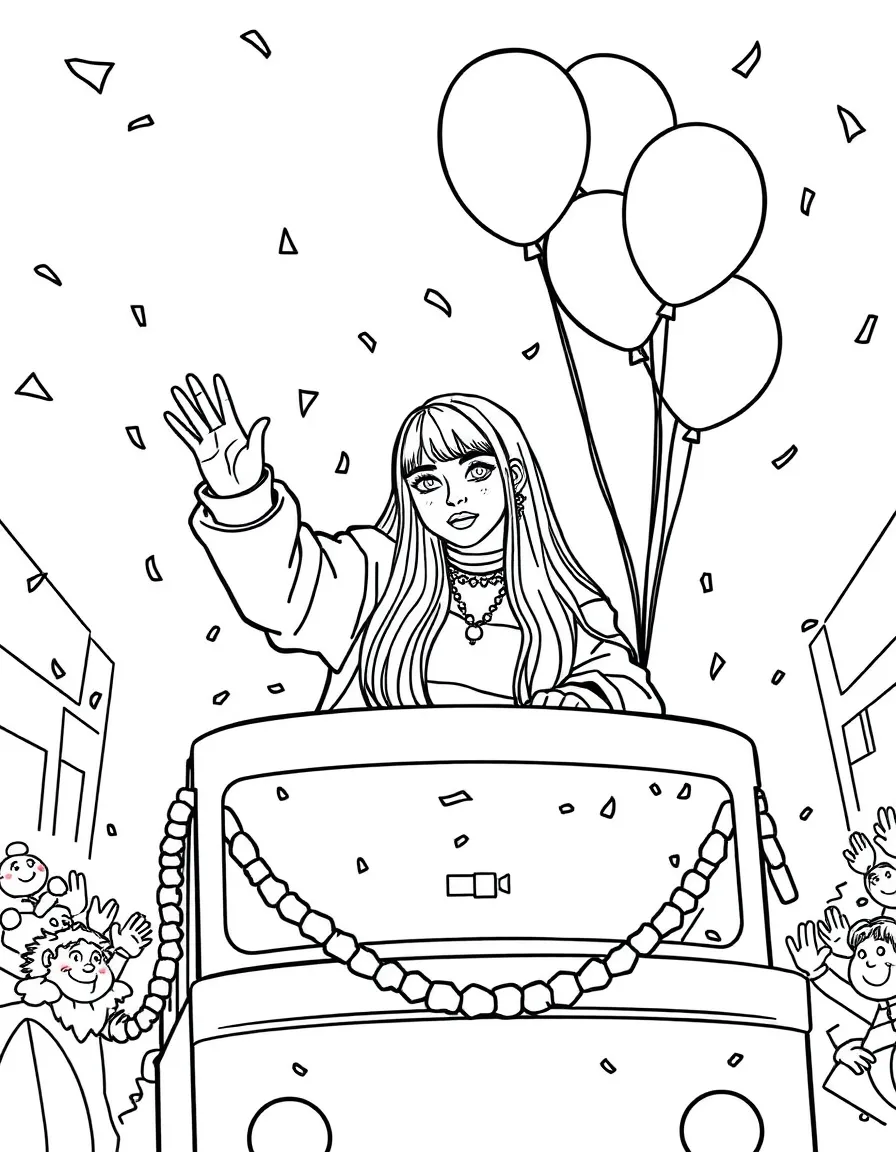 Billie Eilish waving from a parade float with balloons and confetti – a fun and kid-friendly coloring page.