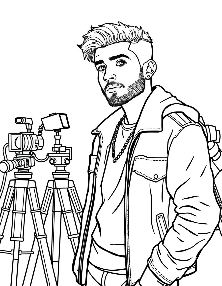 Zayn Malik acting in a scene on a movie set with cameras – a fun and kid-friendly coloring page.