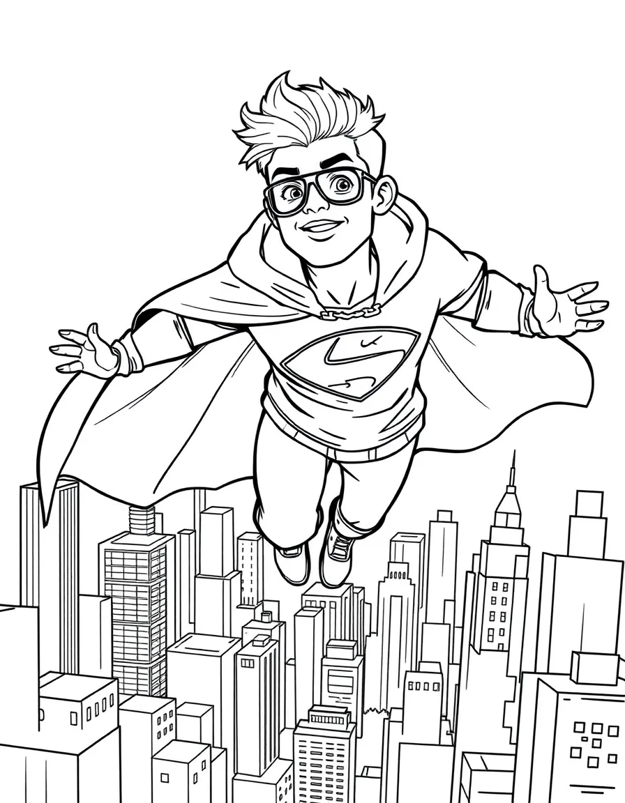 Zayn Malik wearing a superhero cape and flying over a cityscape – a fun and kid-friendly coloring page.